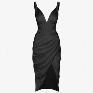 Silky Pleated Bustier Corset-style Black Midi Dress